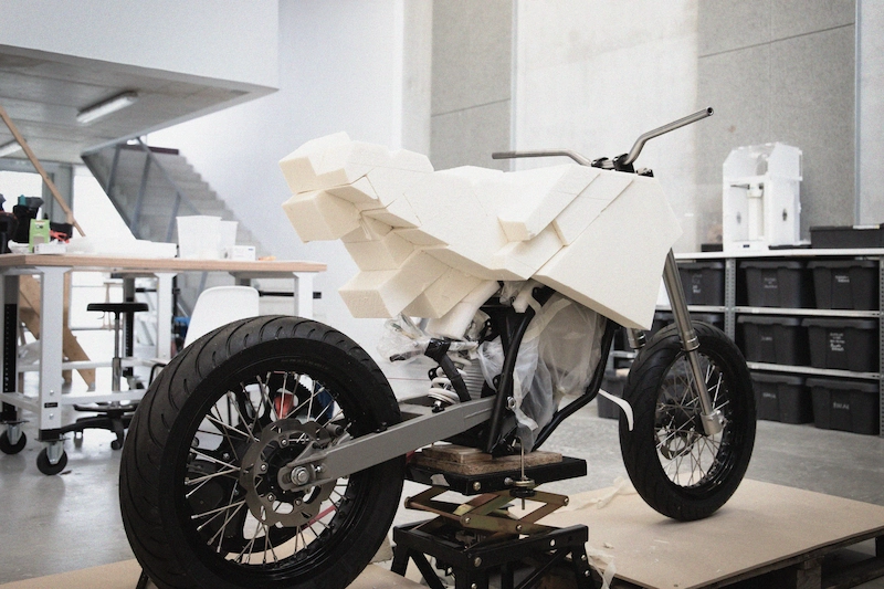 Foam mockup of an electric motorcycle prototype designed for Dab Motors, exploring mobility innovation.